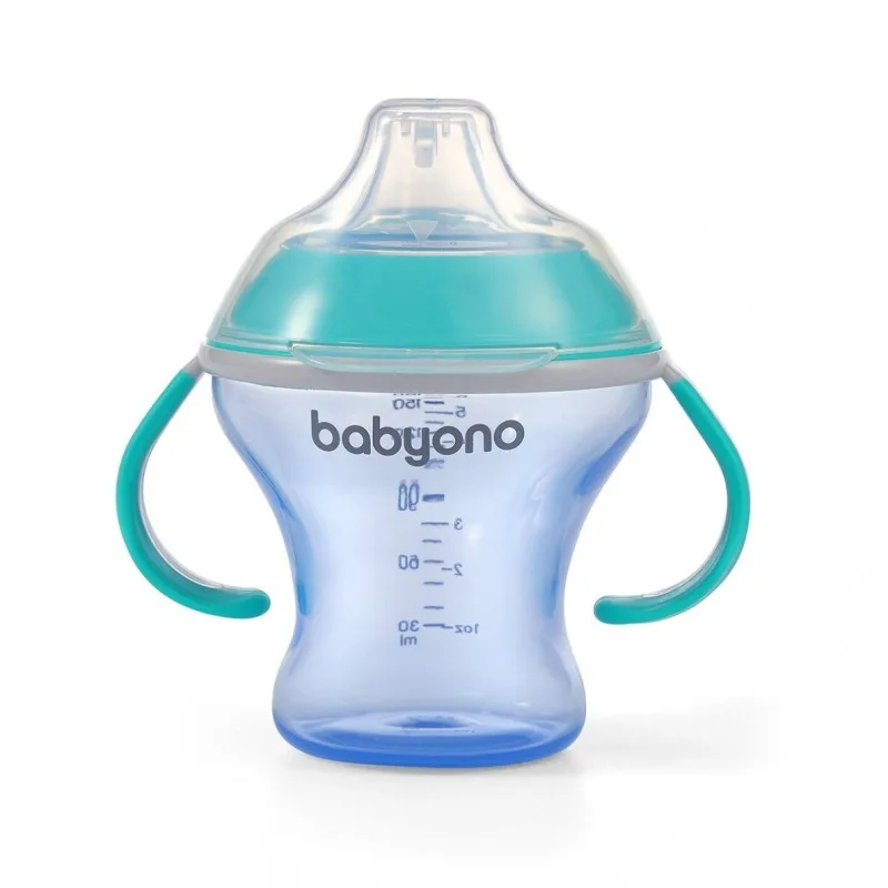 BabyOno neišsiliejantis puodelis minkštu snapeliu NATURAL NURSING mėlynas 180 ml · 1
