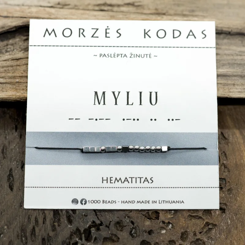 Juodo / raudono siūlo apyrankė Morzės abėcėle „Myliu“, sidabro spalvos
