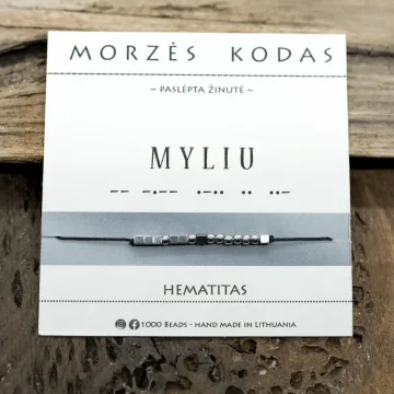 Juodo / raudono siūlo apyrankė Morzės abėcėle „Myliu“, sidabro spalvos
