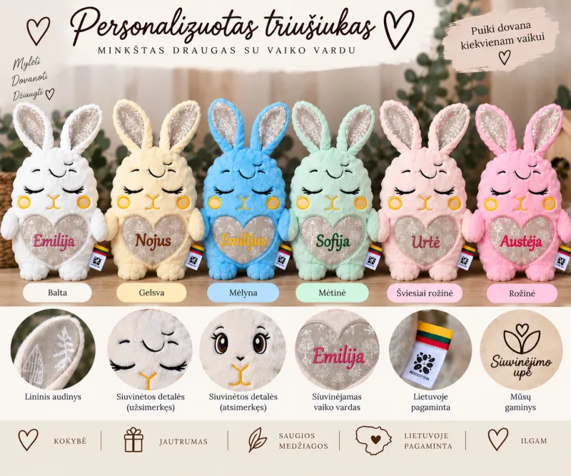 Personalizuotas žaislas su vaiko vardu, triušiukas, dėžutėje