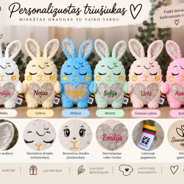 Personalizuotas žaislas su vaiko vardu, triušiukas, dėžutėje