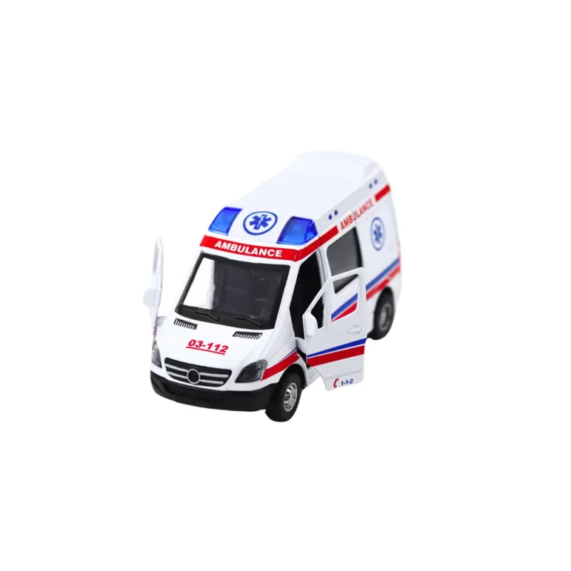 Metalinis greitosios pagalbos automobilis su ištraukiamaisiais disko žibintais skamba baltai 1:32 · 3