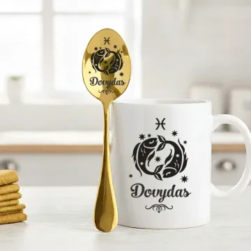Dovana su zodiako ženklu Žuvys – puodelis ir šaukštelis su vardu