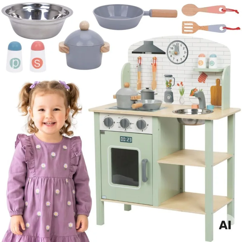 Medinė virtuvėlė su priedais TOOKY TOY, žalia · 1