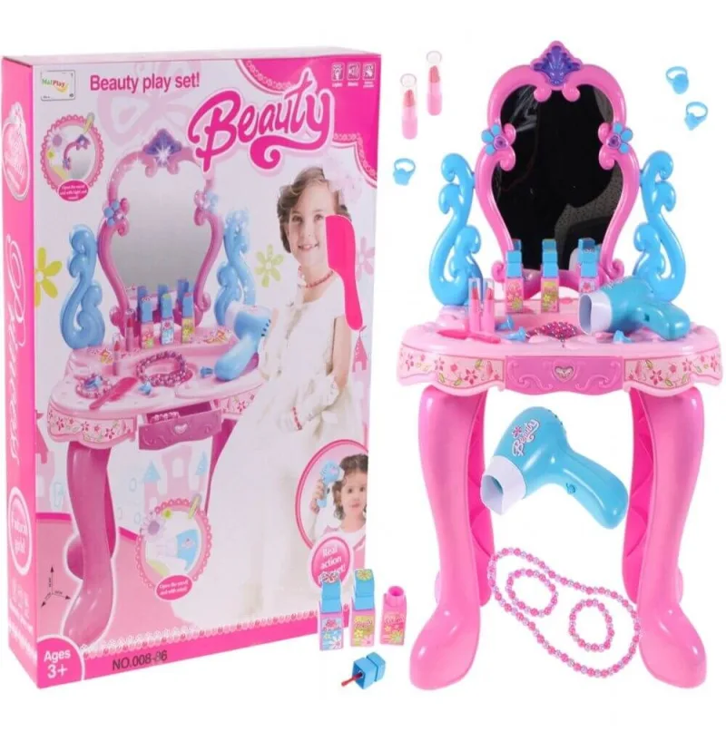 Vaikiškas tualetinis staliukas su plaukų džiovintuvu ir besisukančiu veidrodžiu