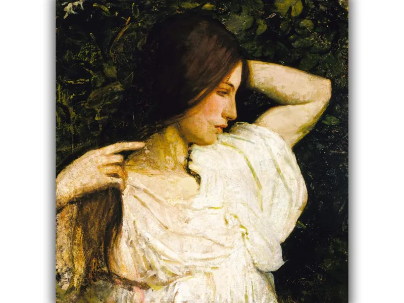 Reprodukcija „Besišukuojanti mergina“, Abbott Handerson Thayer, (1919)