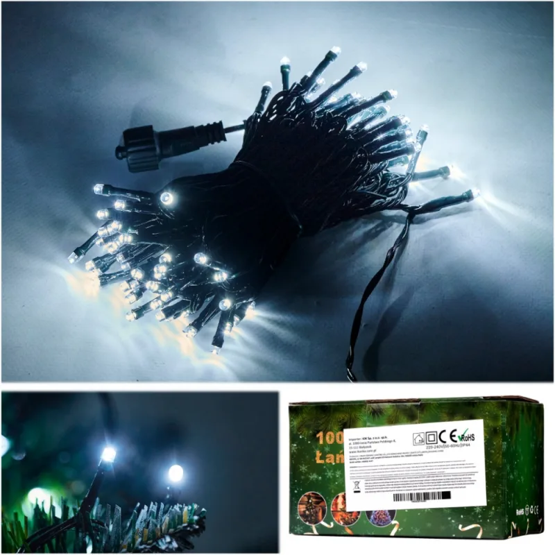 LED žibintai šviesos grandinė 10m 100LED šaltai balta · 2