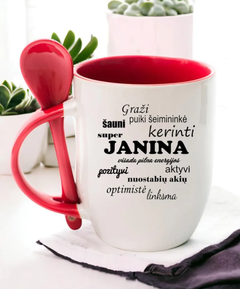 Puodelis su šaukšteliu „Janina“ (Su jūsų norimu vardu)