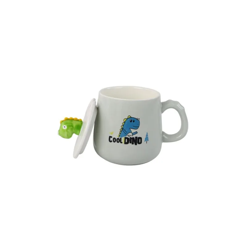 Dinozaurų mėlynas keraminis puodelis, dangtelis, šaukštas, 350 ml · 1