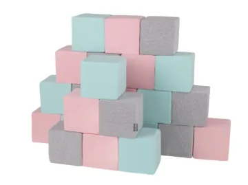 Minkštos kaladėlės „KiddyMoon“ 24 vnt., 14 cm - Pilka, žydra ir rožinė