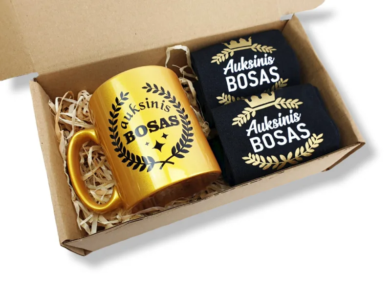 Dovanų rinkinys su aukso spalvos puodeliu „Auksiniam Bosui“