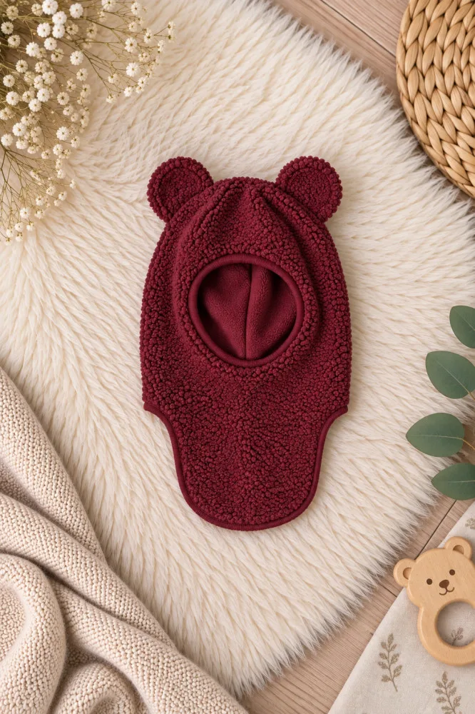 Bordo spalvos žieminis vaikiškas Teddy šalmukas su ausytėmis