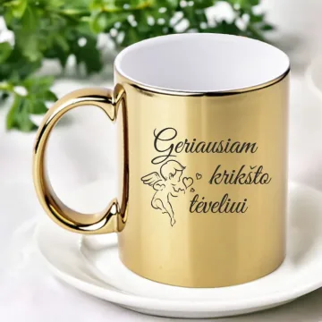 Aukso spalvos veidrodinis puodelis su angeliuku „Geriausiam krikšto tėveliui“