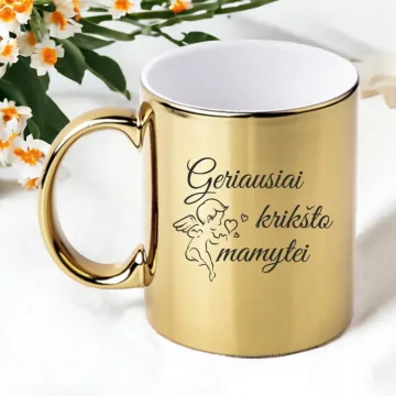 Aukso spalvos veidrodinis puodelis su angeliuku „Geriausiai Krikšto mamytei“