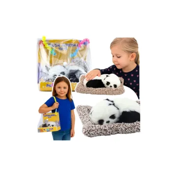 Mieganti panda ant pagalvėlės permatomame krepšelyje