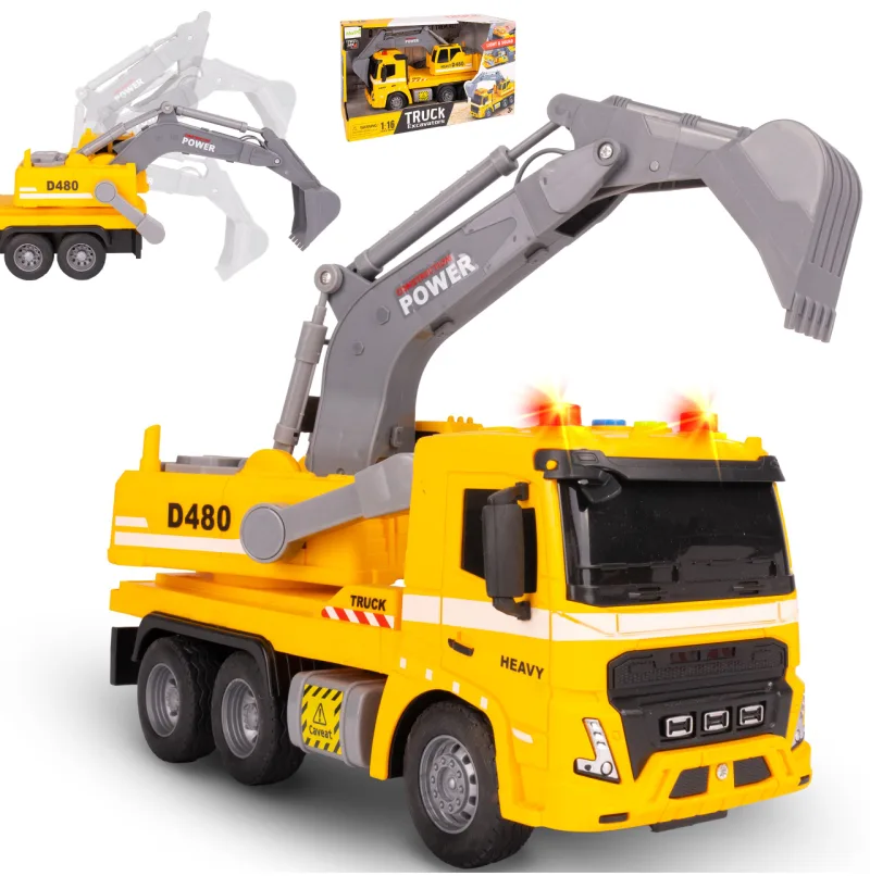 Žaislinis sunkvežimis su ekskavatoriumi, statybinis vilkikas, automobilis 1:16, šviesos, garsas · 1