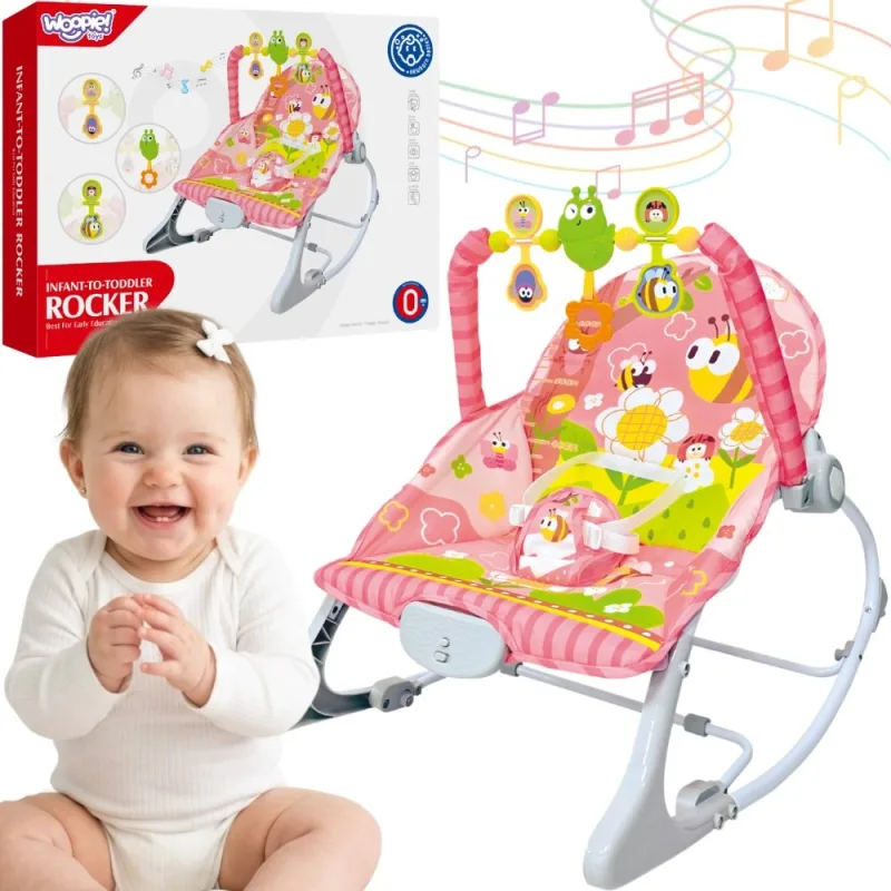 Woopie Baby rožinis supamas gultukas su vibracija, melodijomis, žaislų arka ir saugos diržais · 1