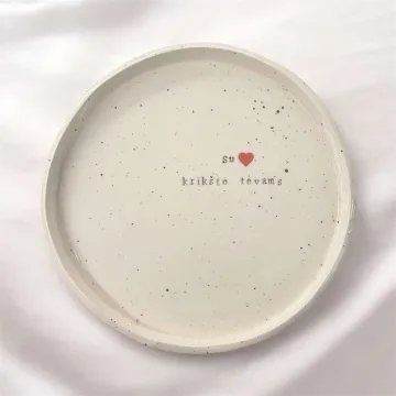 Keraminė rankų darbo lėkštė su užrašu „Su ♥️ krikšto tėvams“