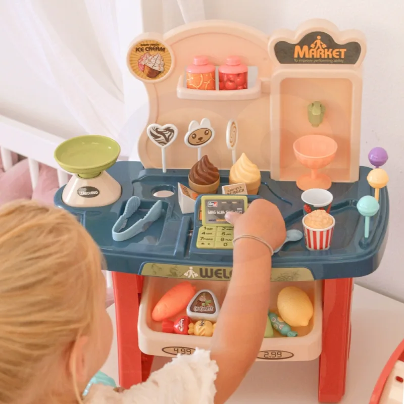 Prekybos centro rinkinys WOOPIE Shop: pirkinių krepšelis, ledai, saldainiai + 40 aksesuarų · 2