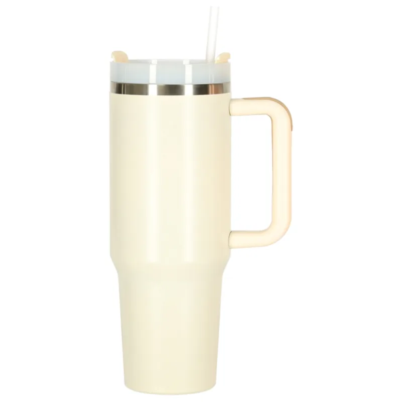 Termo puodelis su šiaudeliu ir rankenėle 1200ml kreminė sp. · 2