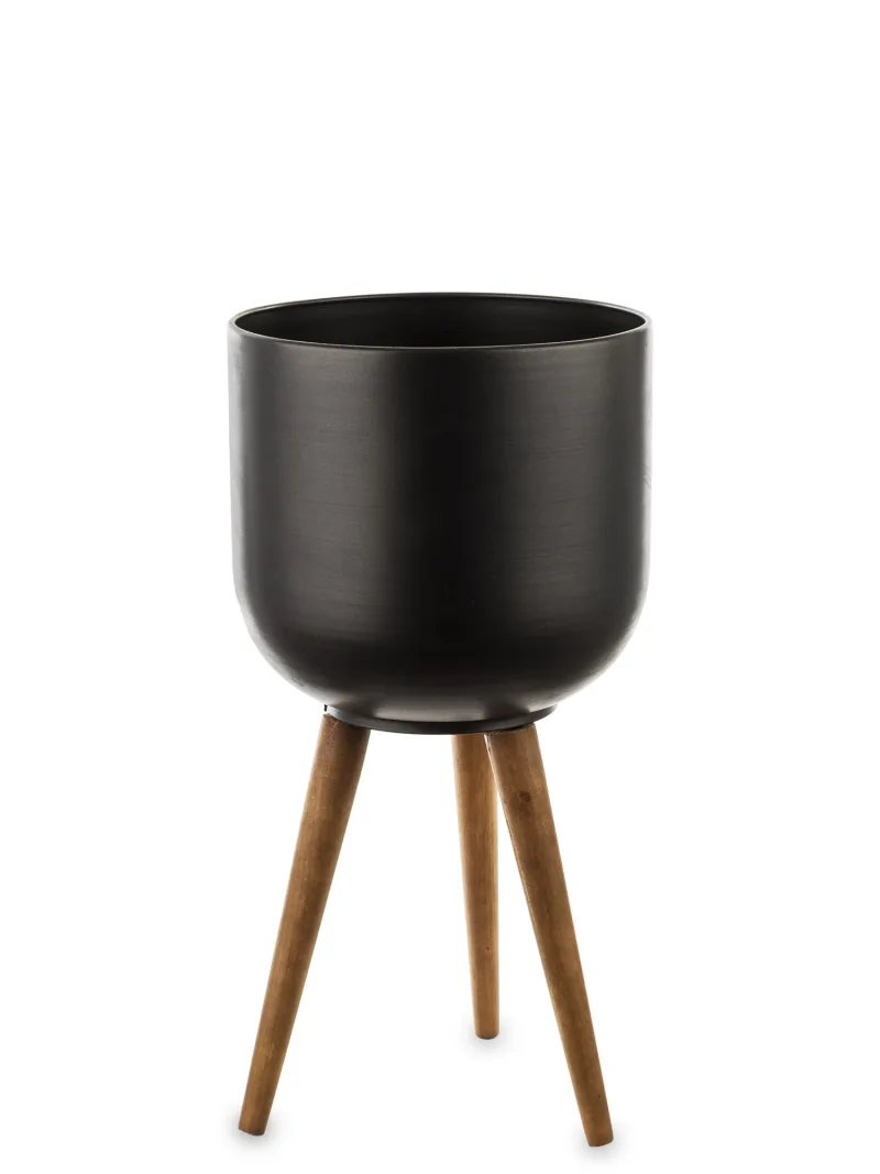 Juodo metalo vazonas ant mediniu kojų — 51,5x26x26 cm