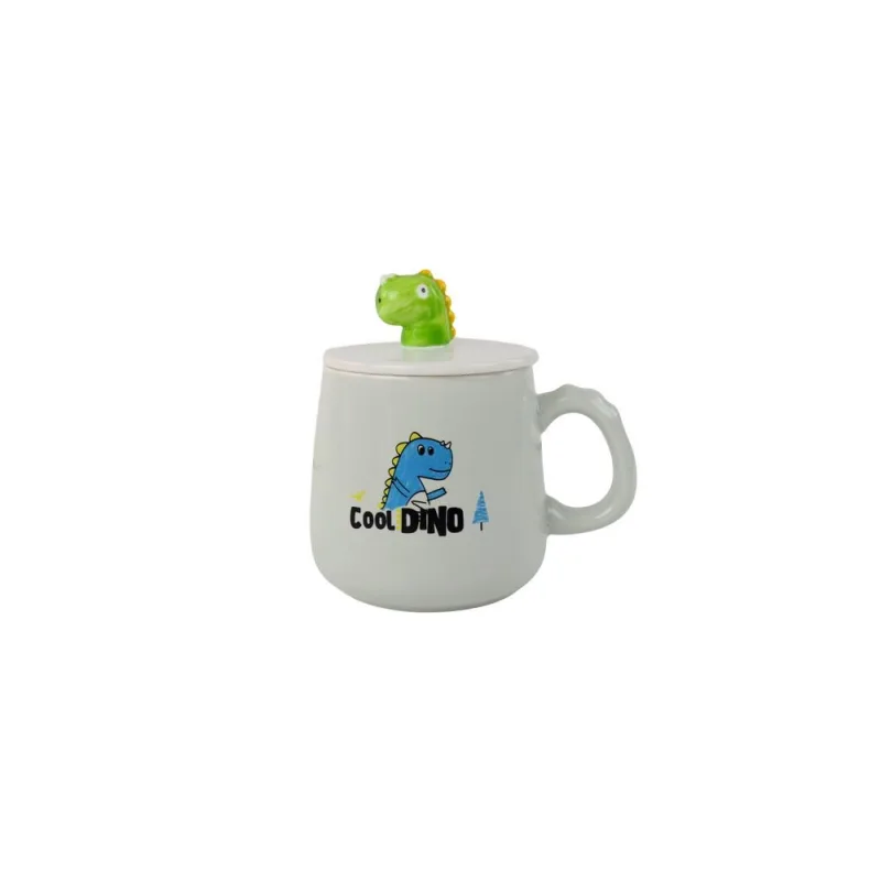 Dinozaurų mėlynas keraminis puodelis, dangtelis, šaukštas, 350 ml · 2