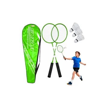Badmintono žaidimo rinkinys: raketės, 3 kamuoliukai, dėklas, žalia spalva