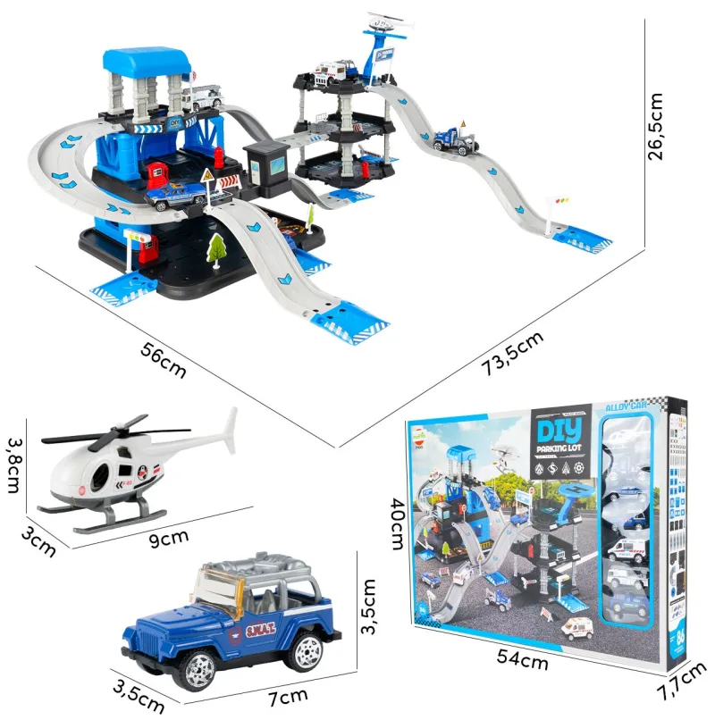 Žaislinė trasa - parkavimo komplektas + 6 metaliniai automobiliai ir sraigtasparnis · 2