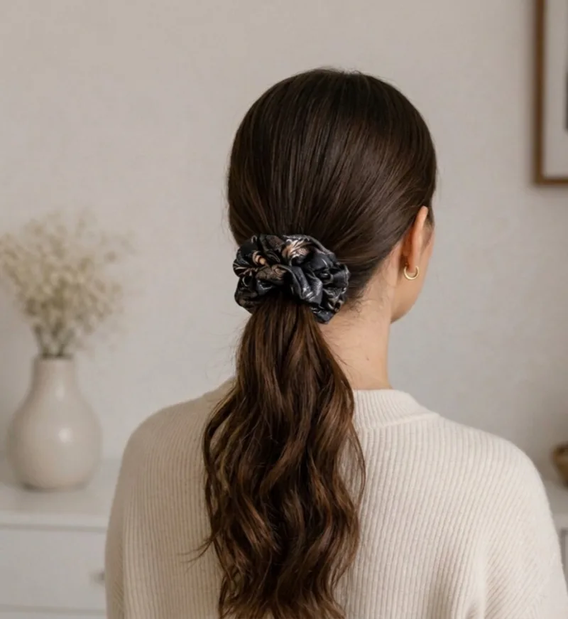 Juoda plaukų gumytė su auksiniais ornamentais