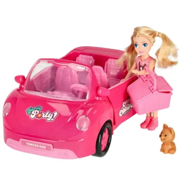 Lėlės su automobiliu kabrioletu pikniko rinkinys lėlė šuo rožinis 4 el.