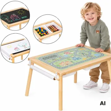 Medinis žaidimų stalas WOOPIE GREEN 4-in-1 su lentele, dėžutėmis, miesto žemėlapiu ir piešimo popieriumi