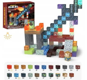 Šviečiančios minecraft magnetinės kaladėlės „Pixel“ – 166 dalių konstruktorius su LED elementais.