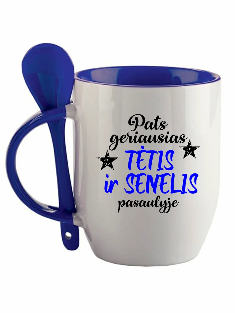 Puodelis su šaukšteliu „Pats geriausias TĖTIS ir SENELIS pasaulyje“