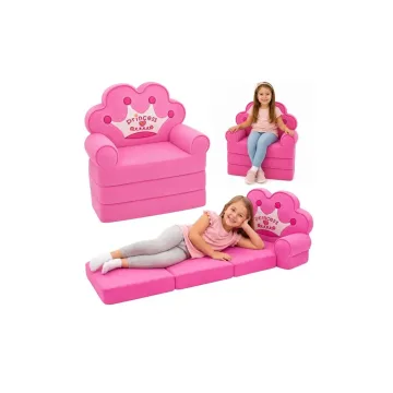 Išskleidžiamas fotelis-sofa-gultas su karūna „2-in-1“ vaikams, minkštas, rožinis